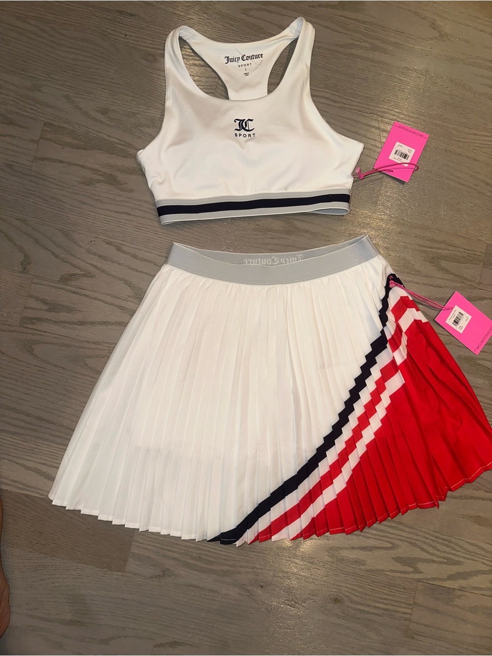Juicy Couture White Athletic Skirt and Crop Top Set with Pink Tag